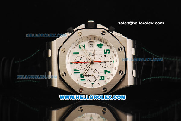 Audemars Piguet Royal Oak Offshore Swiss Valjoux 7750 Automatic Movement White Dial Green Arabic Nunmerals with Black Leather Strap - Run 12@Sec - Click Image to Close